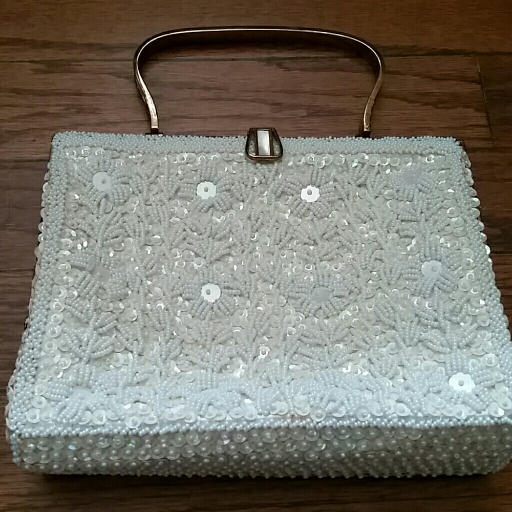 Vintage Beaded Purse with Metal Mother of Pearl Inlay Handle - Picture 2 of 8